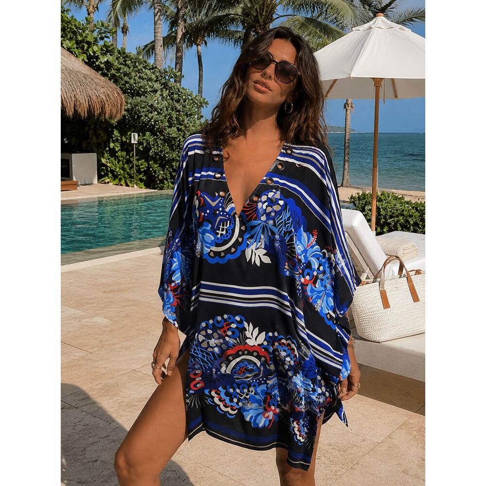 Tommy Bahama Blue Floral Caftan Cover Up L XL Resort Tunic